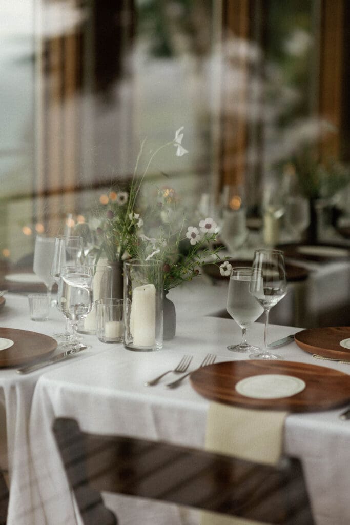 Wide view of the reception dining room at Wind and Sea Estate through the window.